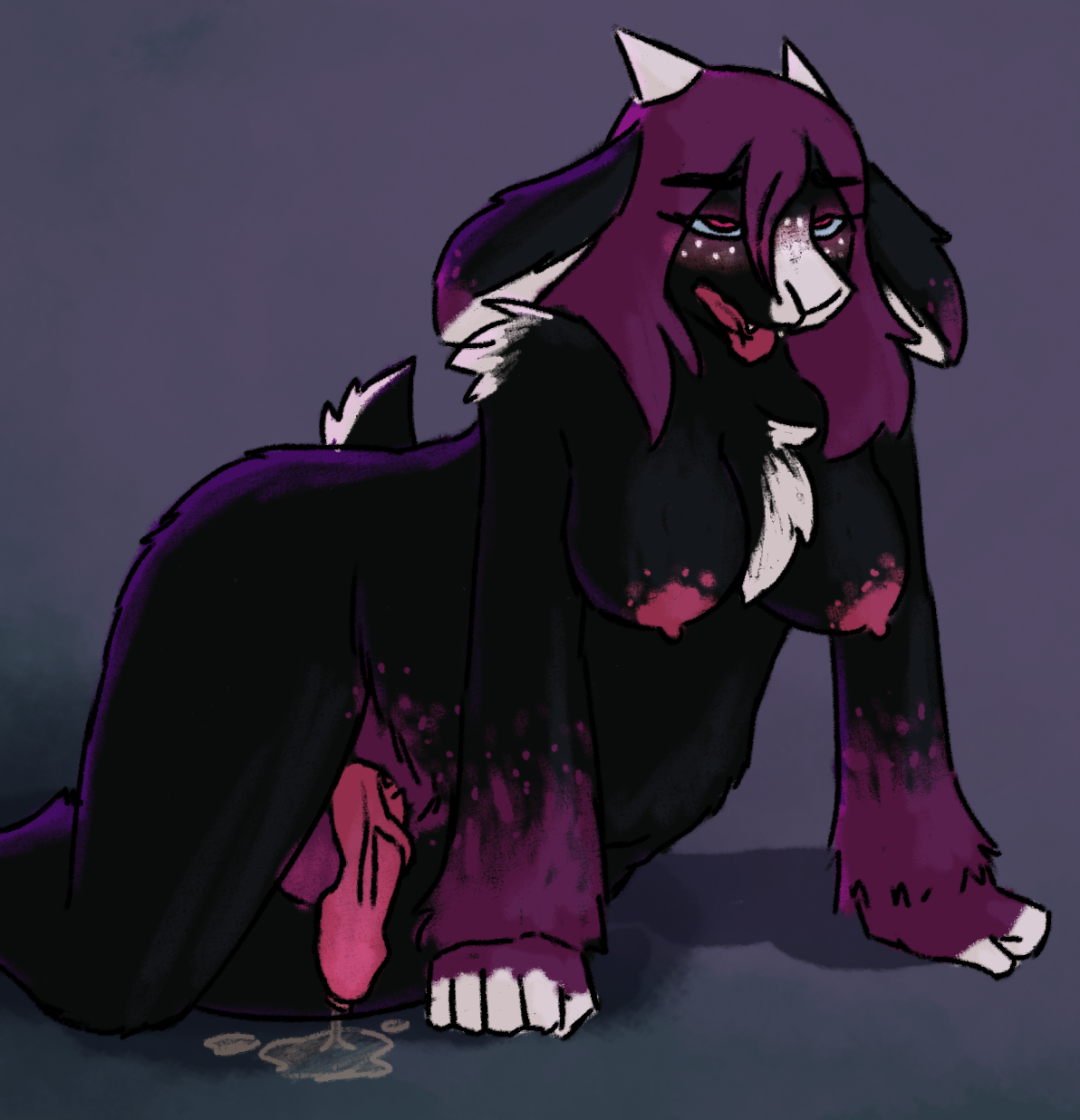 Dakota on the ground, naked, blushing, panting, cock dripping with precum